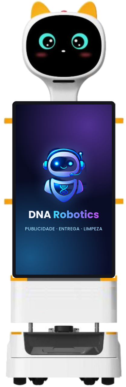 Robô FD08 da DNA Robotics, com tela de publicidade